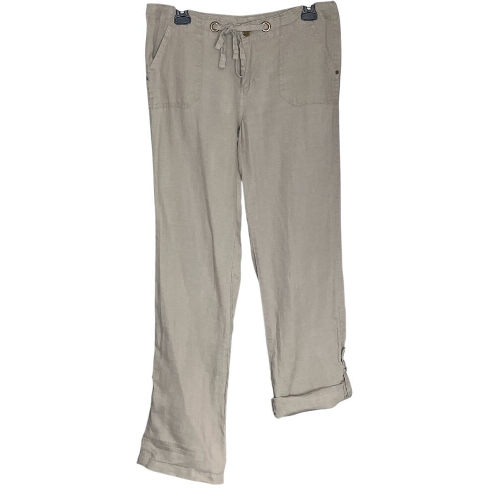 Cynthia Rowley Size 8 Beige 100% Linen Roll-Tab Convertible Crop Beach Pants